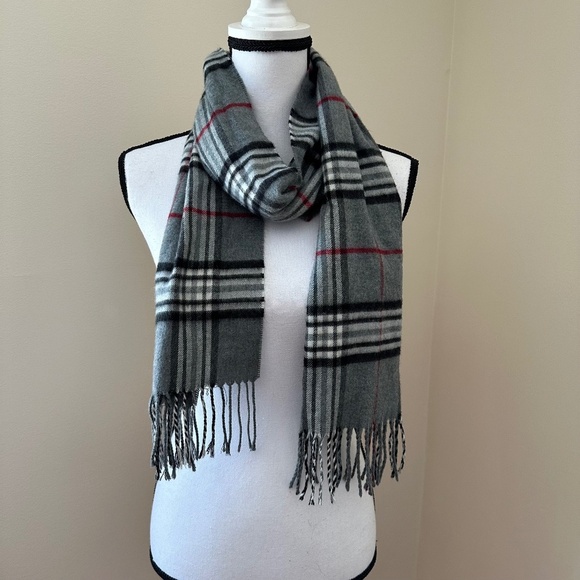 *BLACK BROWN 1826* Gray x Black Red Plaid Fashion Tassel Scarf - Picture 1 of 5